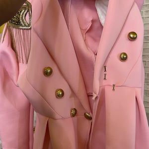 Custom Pink Blazer Gold Buttons Slim Formal Suit Jacket Casual Coat Top Set